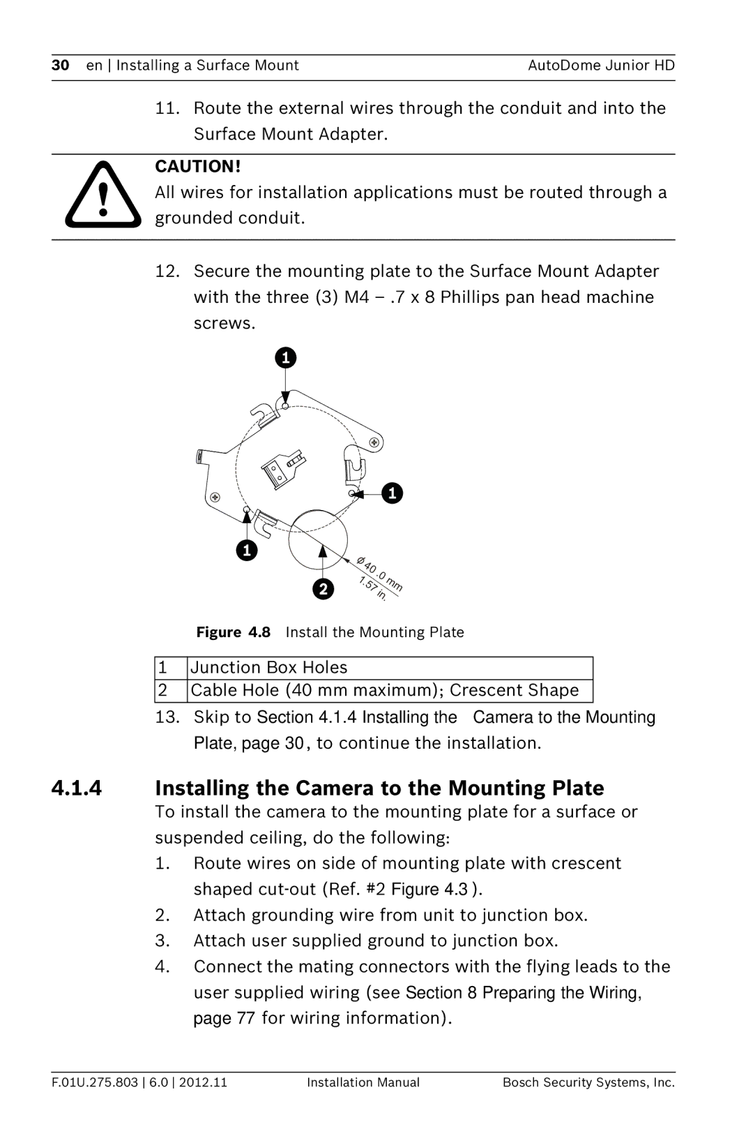 Bosch Appliances VJR SERIES installation manual Installing the Camera to the Mounting Plate, Install the Mounting Plate 