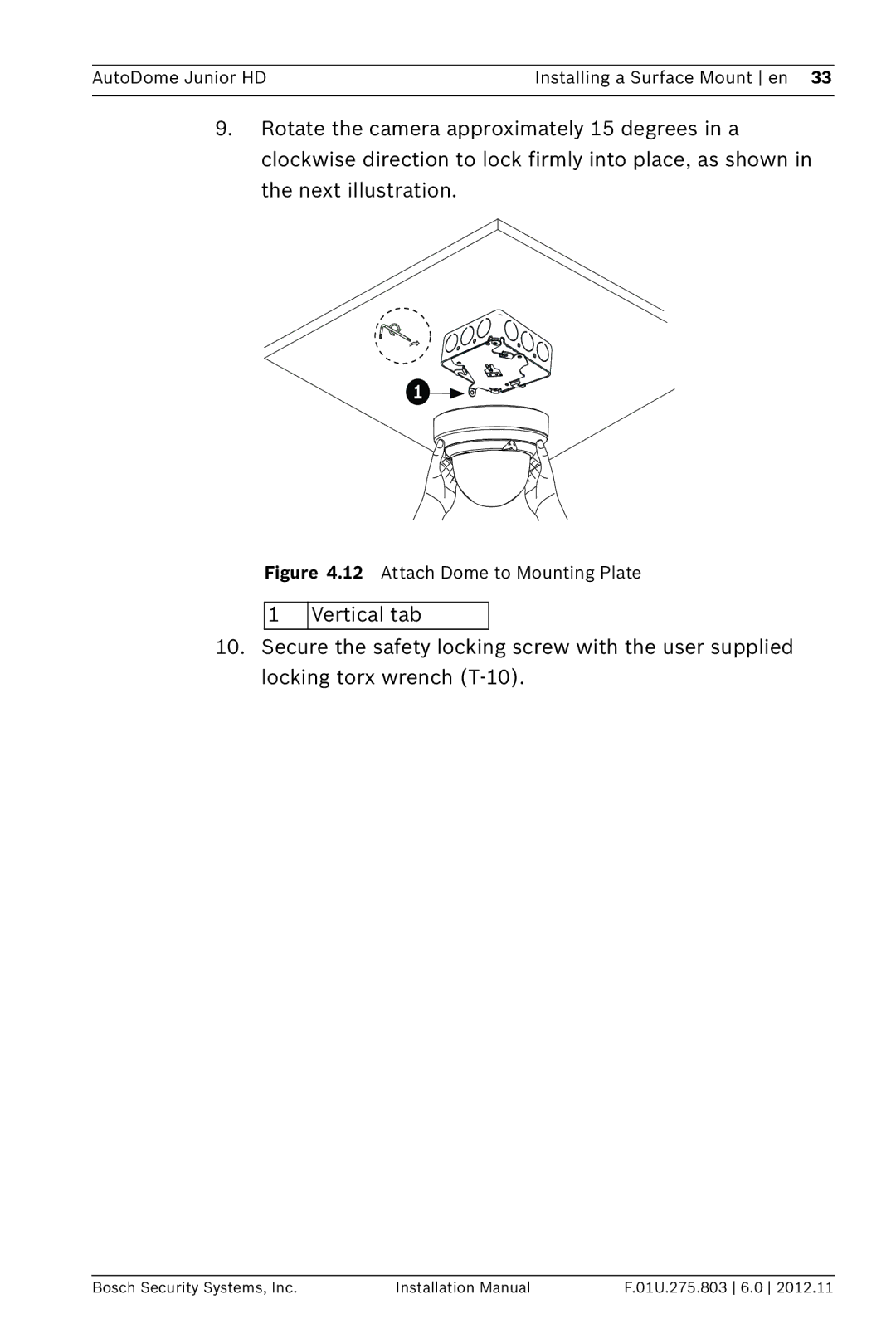 Bosch Appliances VJR SERIES installation manual Attach Dome to Mounting Plate 