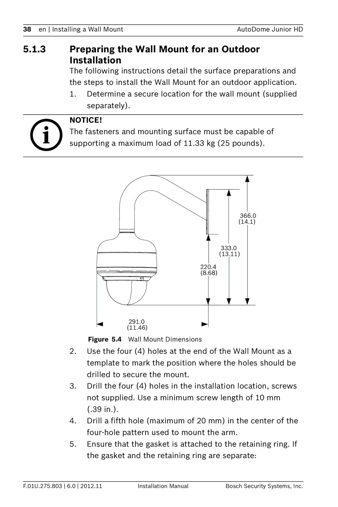 Bosch Appliances VJR SERIES installation manual Preparing the Wall Mount for an Outdoor Installation, Wall Mount Dimensions 