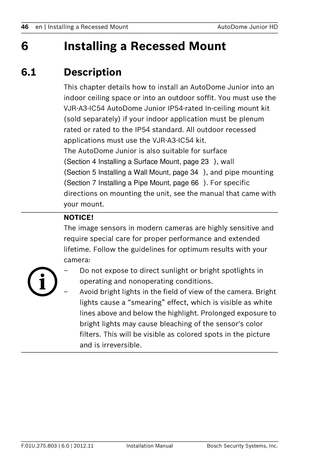 Bosch Appliances VJR SERIES installation manual Installing a Recessed Mount, Description 