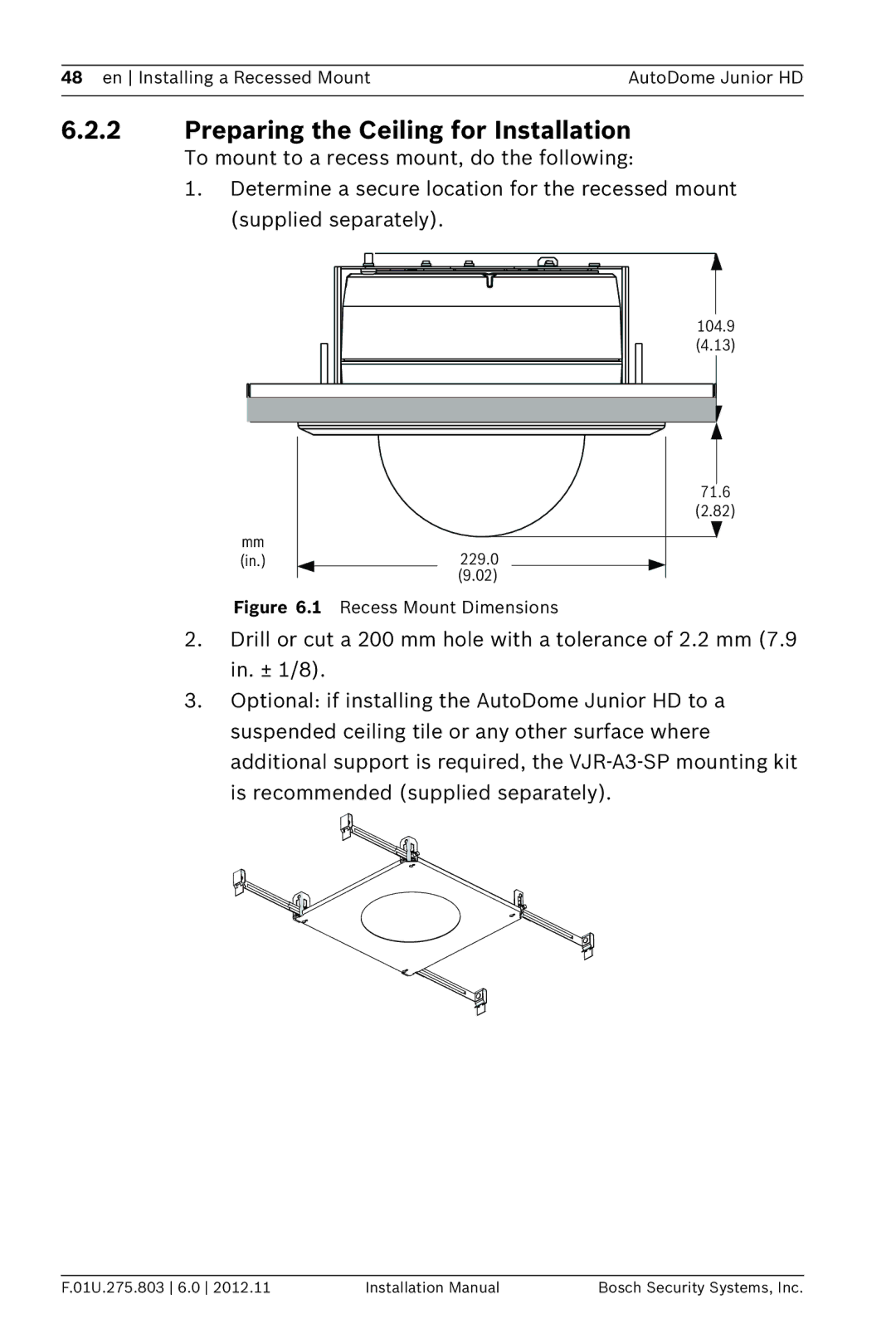 Bosch Appliances VJR SERIES installation manual Preparing the Ceiling for Installation, Recess Mount Dimensions 