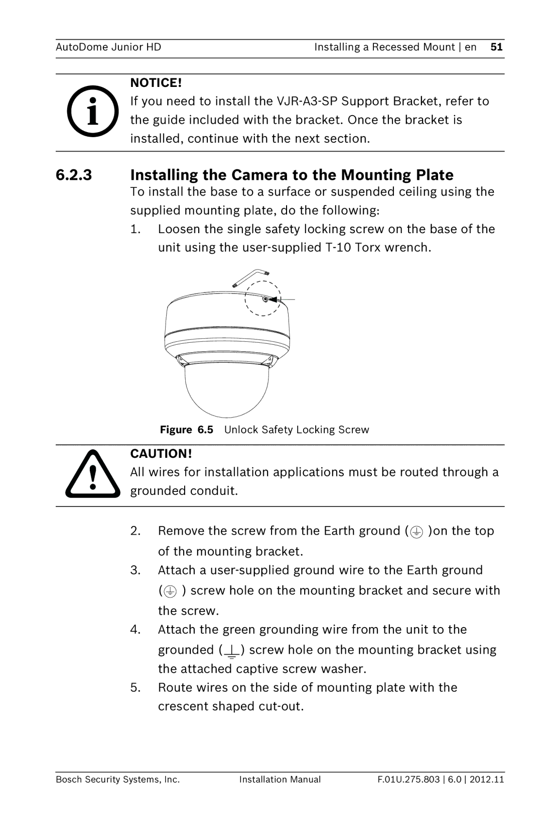 Bosch Appliances VJR SERIES installation manual Installing the Camera to the Mounting Plate 