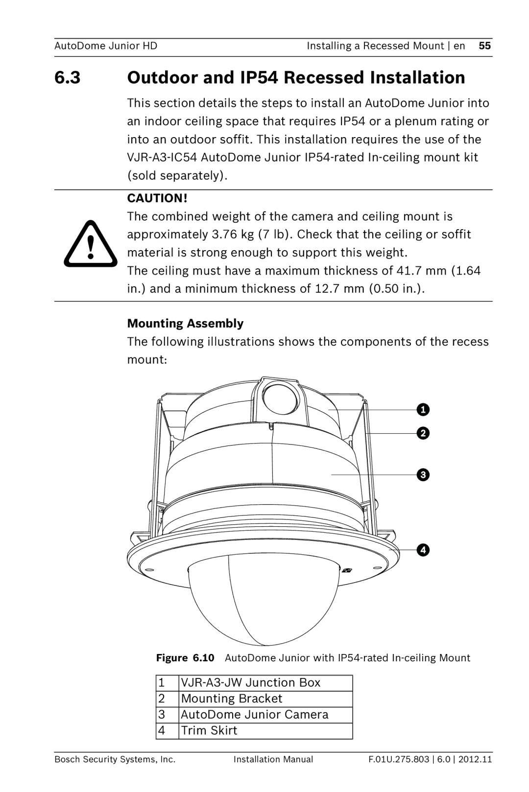 Bosch Appliances VJR SERIES installation manual Outdoor and IP54 Recessed Installation, Mounting Assembly 