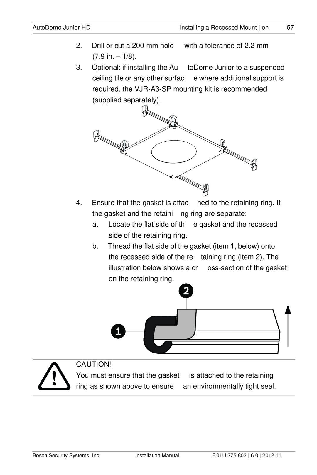 Bosch Appliances VJR SERIES installation manual AutoDome Junior HD Installing a Recessed Mount en 