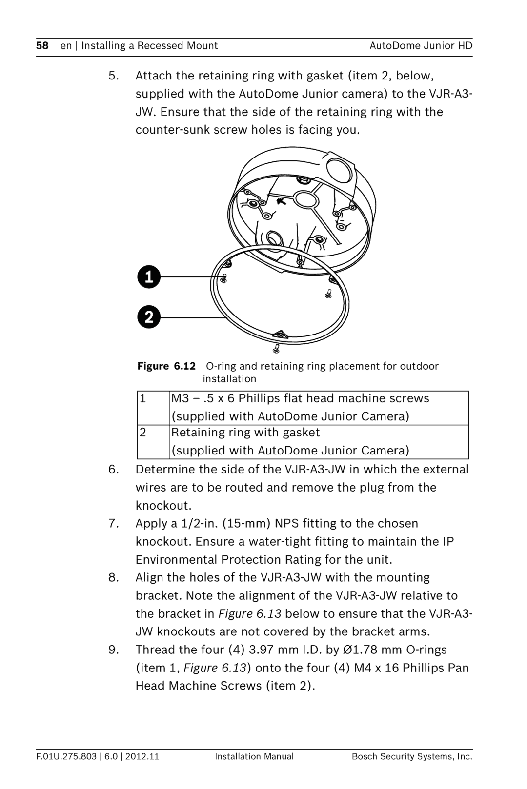 Bosch Appliances VJR SERIES installation manual En Installing a Recessed Mount AutoDome Junior HD 