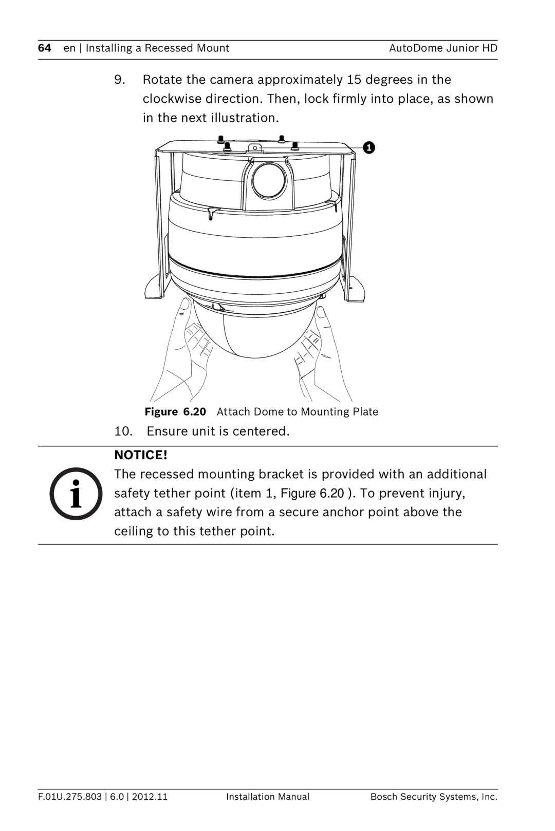 Bosch Appliances VJR SERIES installation manual Attach Dome to Mounting Plate 