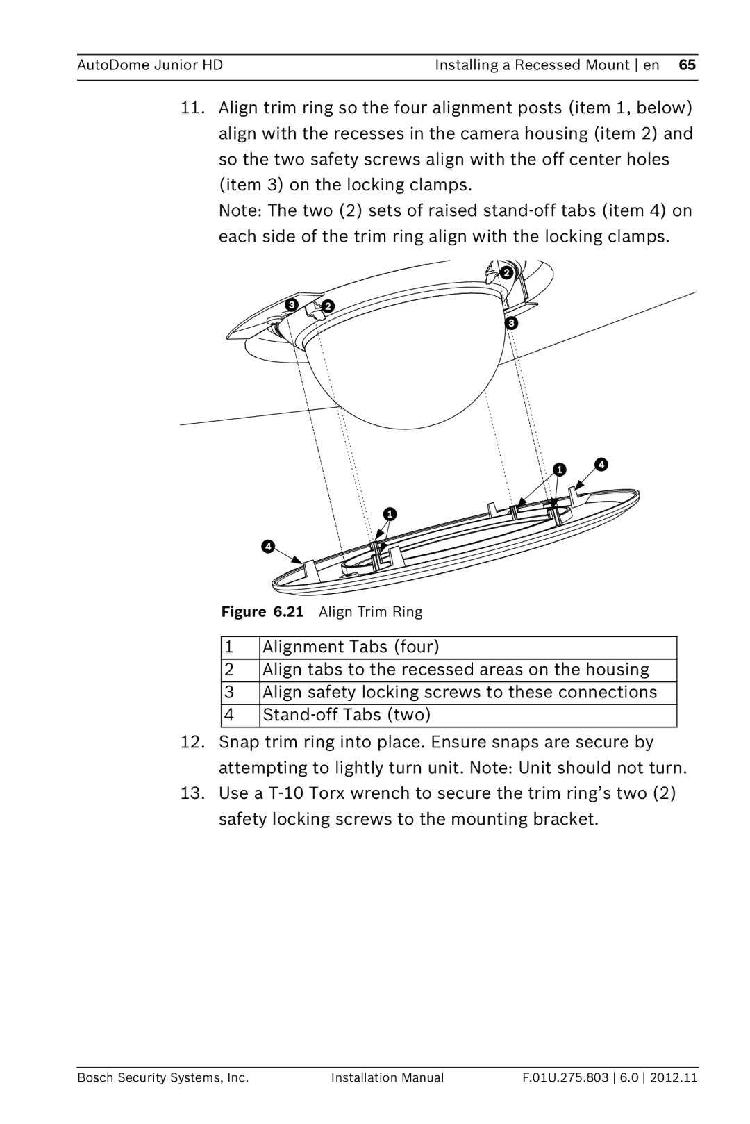 Bosch Appliances VJR SERIES installation manual Align Trim Ring 