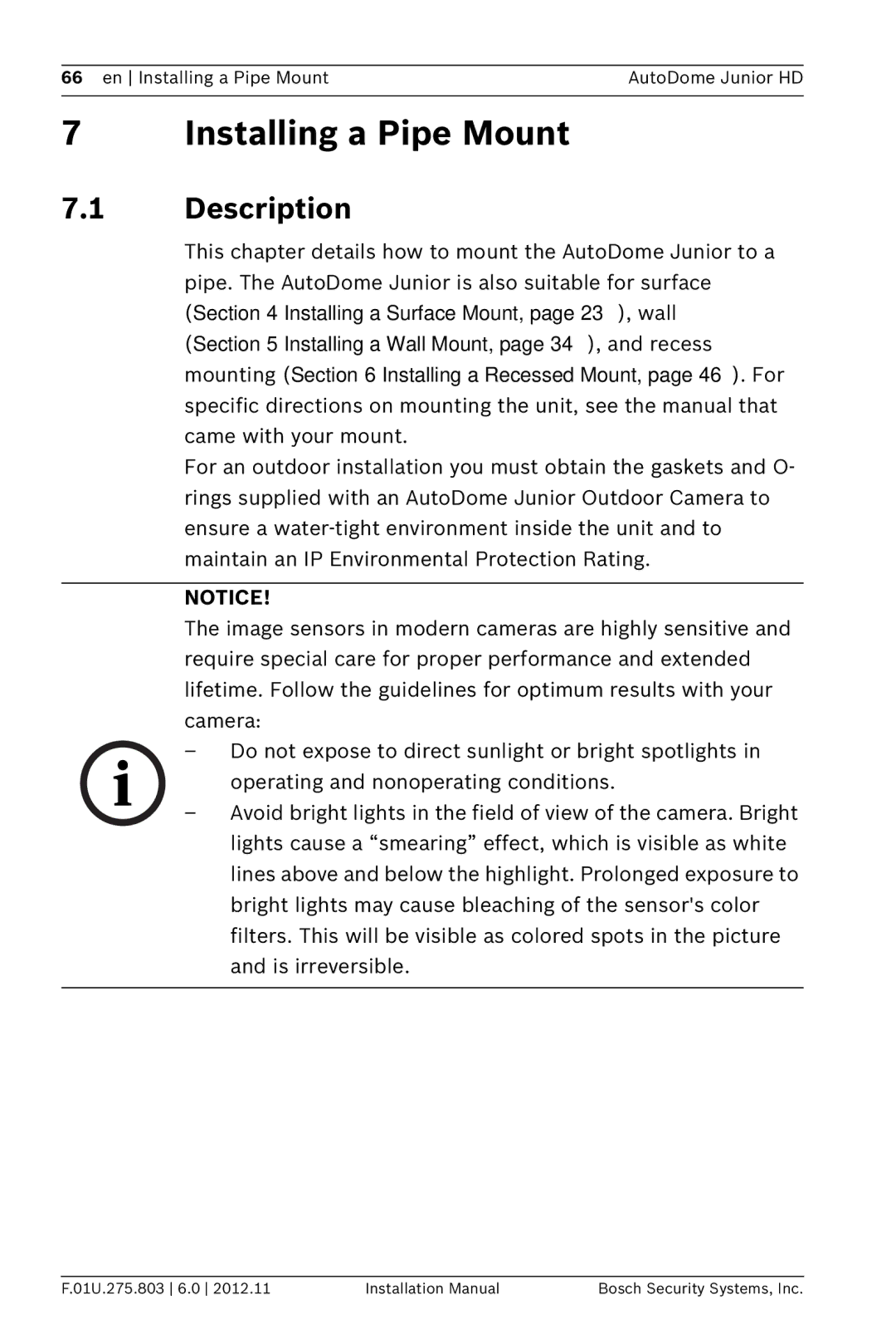 Bosch Appliances VJR SERIES installation manual Installing a Pipe Mount, Description 