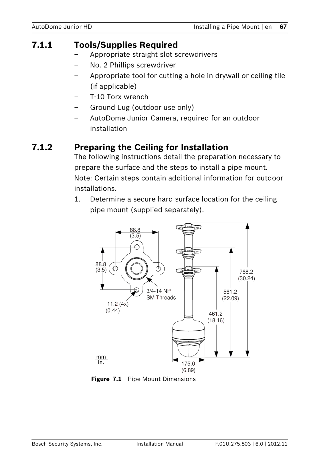 Bosch Appliances VJR SERIES installation manual Tools/Supplies Required, Pipe Mount Dimensions 