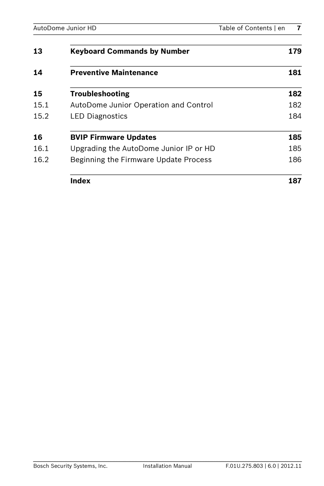 Bosch Appliances VJR SERIES installation manual AutoDome Junior HD Table of Contents en 