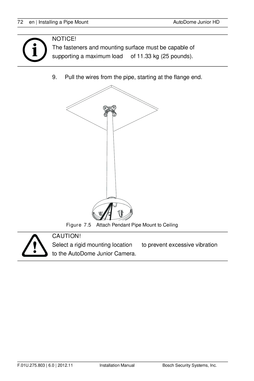 Bosch Appliances VJR SERIES installation manual Attach Pendant Pipe Mount to Ceiling 