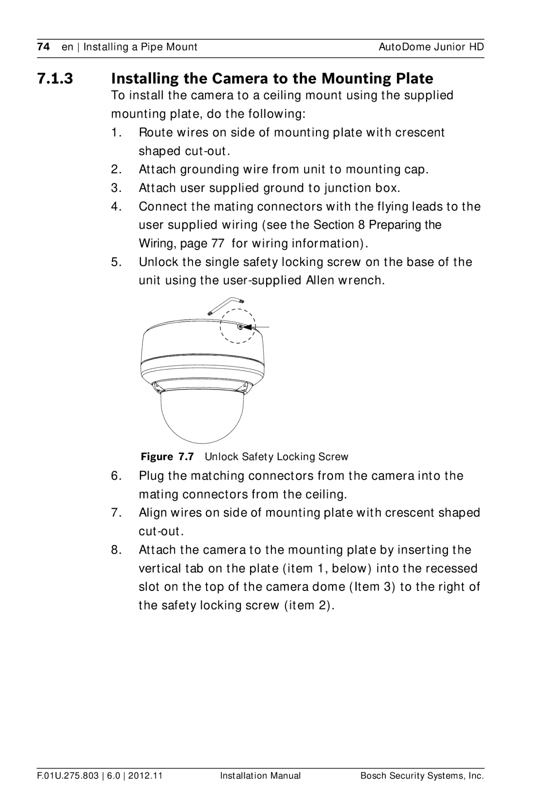 Bosch Appliances VJR SERIES installation manual Installing the Camera to the Mounting Plate 