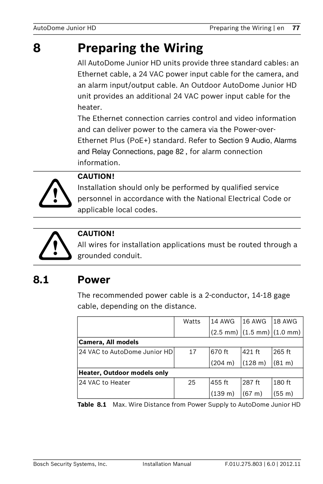 Bosch Appliances VJR SERIES installation manual Preparing the Wiring, Power 