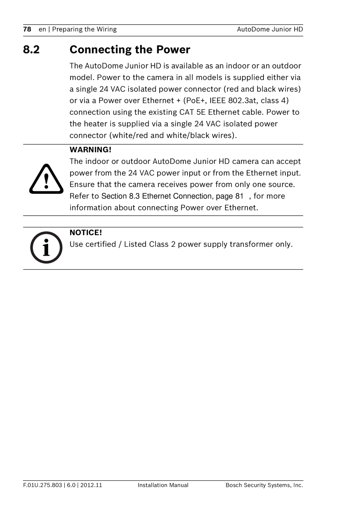 Bosch Appliances VJR SERIES installation manual Connecting the Power 