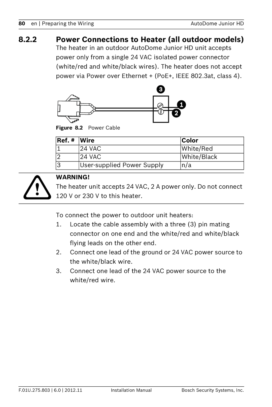 Bosch Appliances VJR SERIES installation manual Power Connections to Heater all outdoor models 