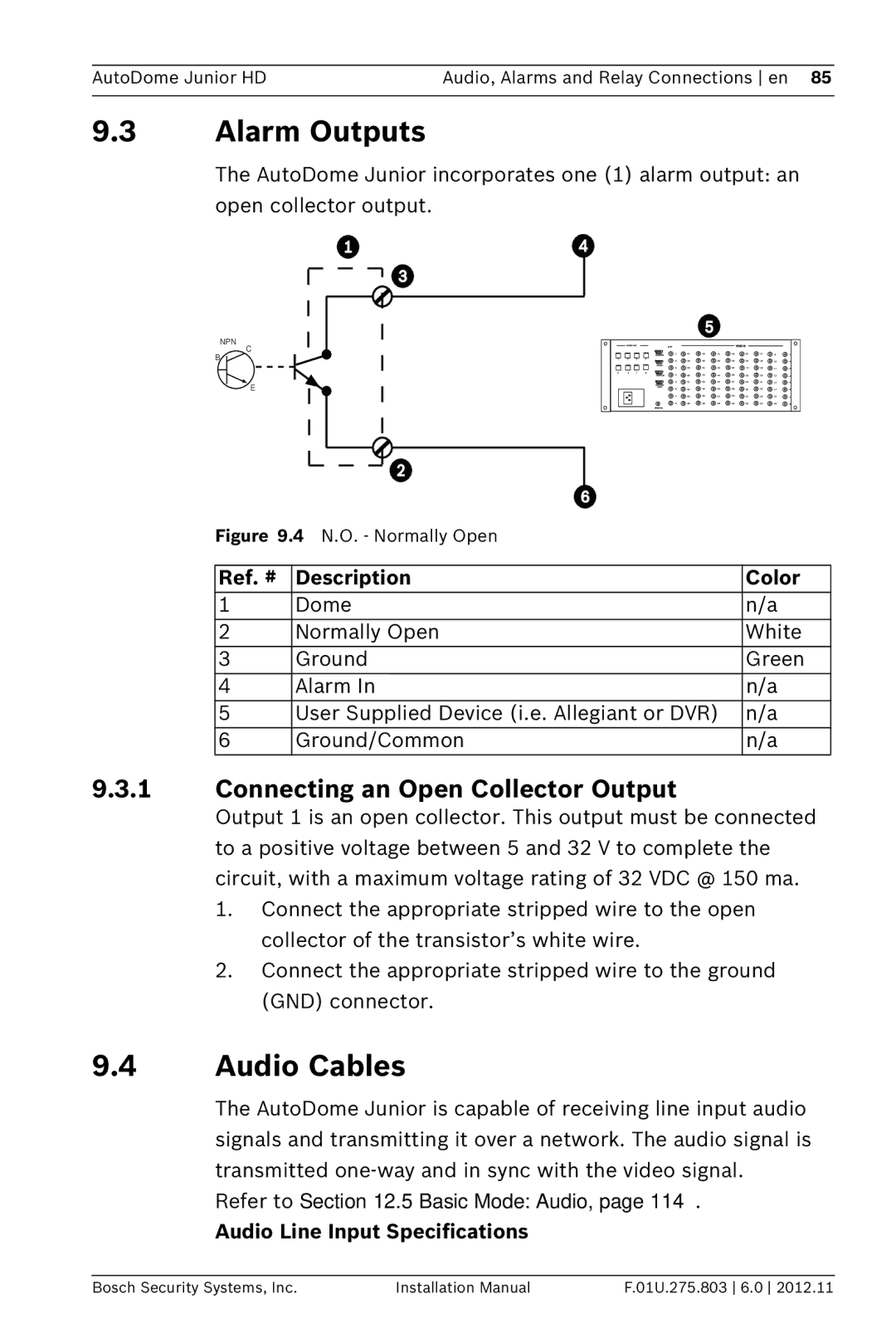 Bosch Appliances VJR SERIES Alarm Outputs, Audio Cables, Connecting an Open Collector Output, Ref. # Description Color 