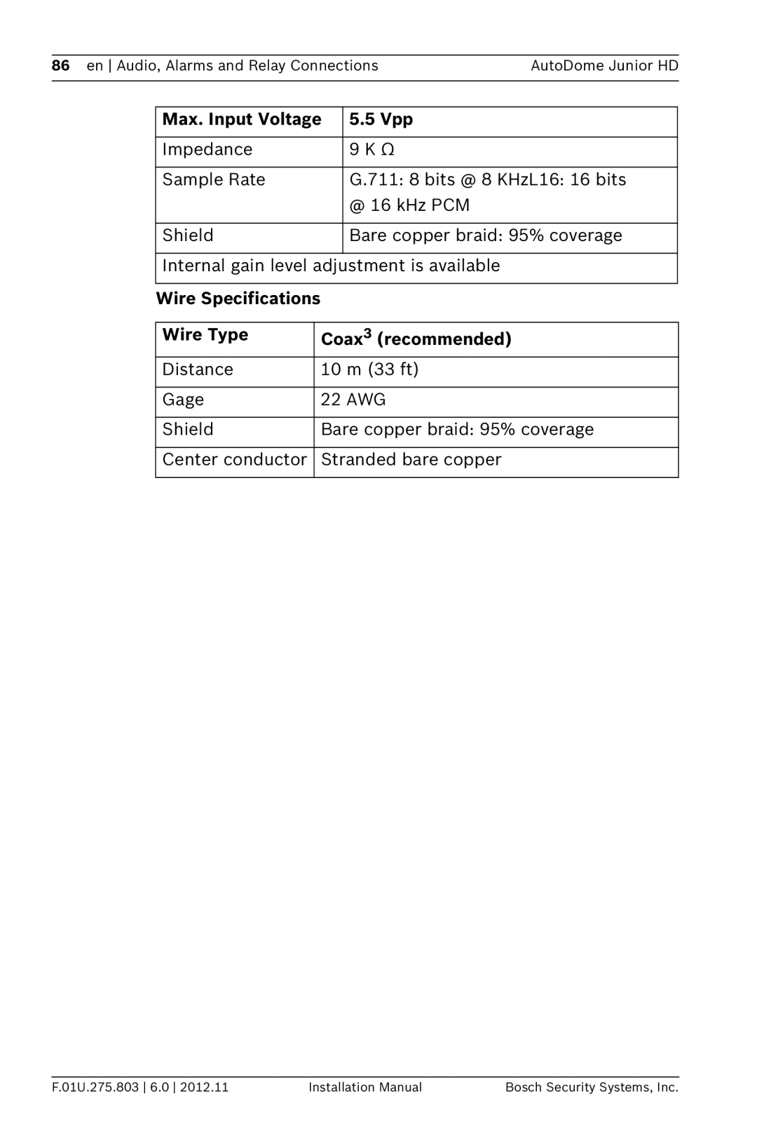 Bosch Appliances VJR SERIES installation manual Max. Input Voltage Vpp, Wire Specifications Wire Type Coax3 recommended 