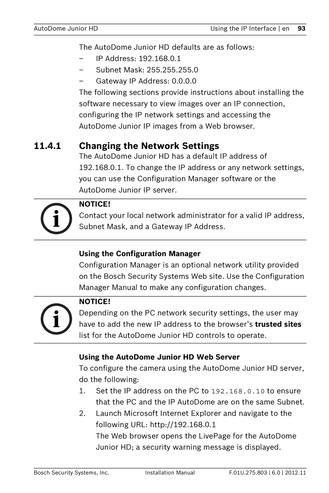 Bosch Appliances VJR SERIES installation manual Changing the Network Settings, Using the Configuration Manager 