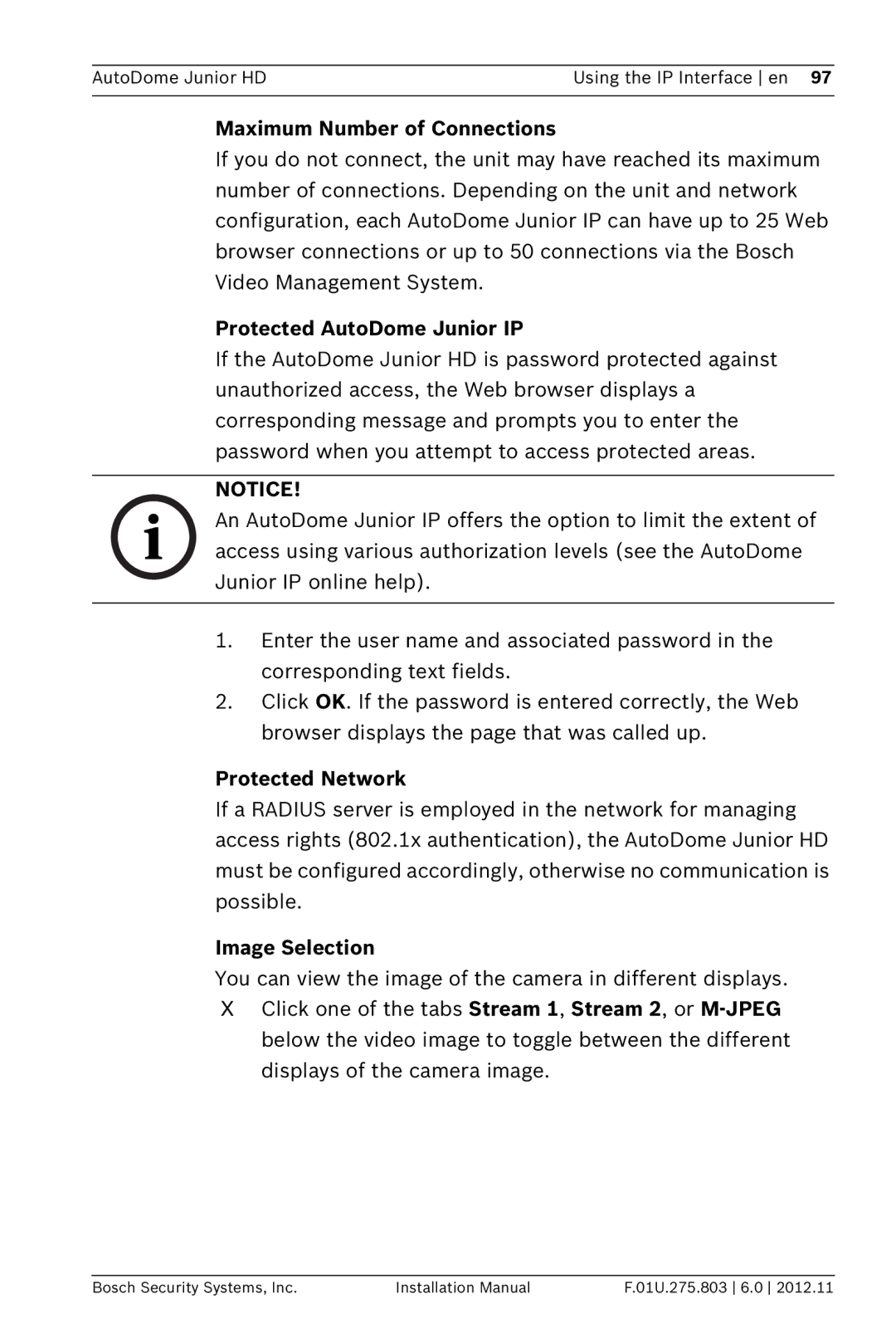 Bosch Appliances VJR SERIES Maximum Number of Connections, Protected AutoDome Junior IP, Protected Network 