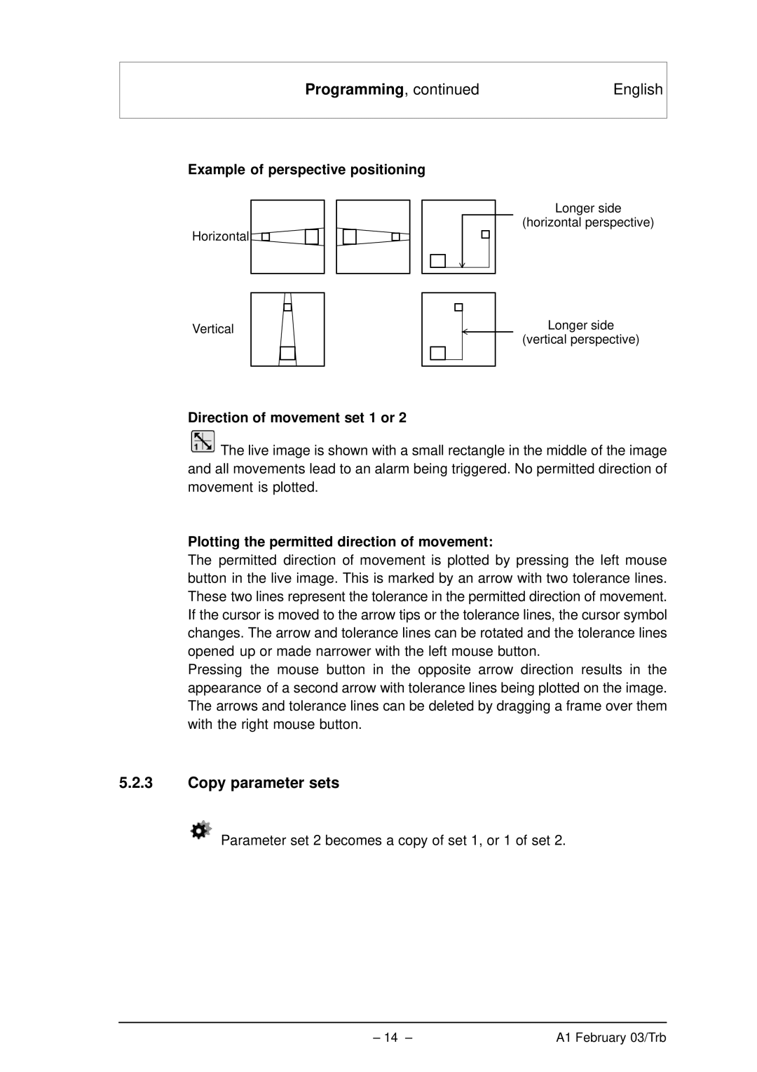 Bosch Appliances VMD01 M60 NTSC Copy parameter sets, Example of perspective positioning, Direction of movement set 1 or 