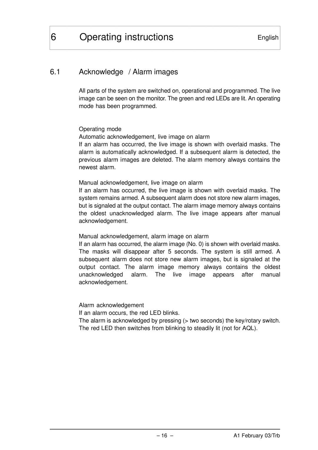 Bosch Appliances VMD01 M60 NTSC, VMD01 M50 PAL Operating instructions, Acknowledge / Alarm images, English, Operating mode 