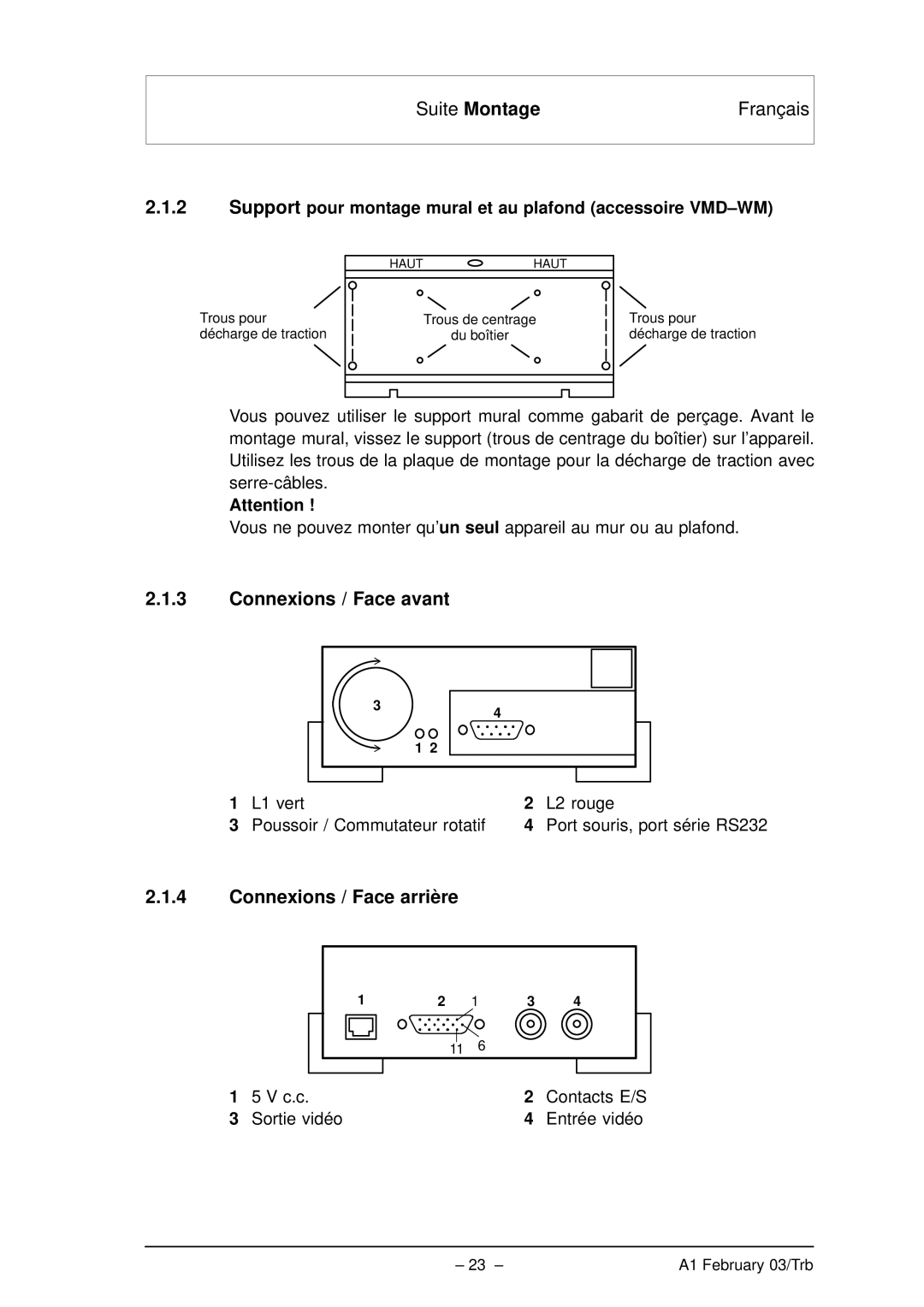 Bosch Appliances VMD01 M50 PAL, VMD01 M60 NTSC manual Suite Montage, Connexions / Face avant, Connexions / Face arrière 