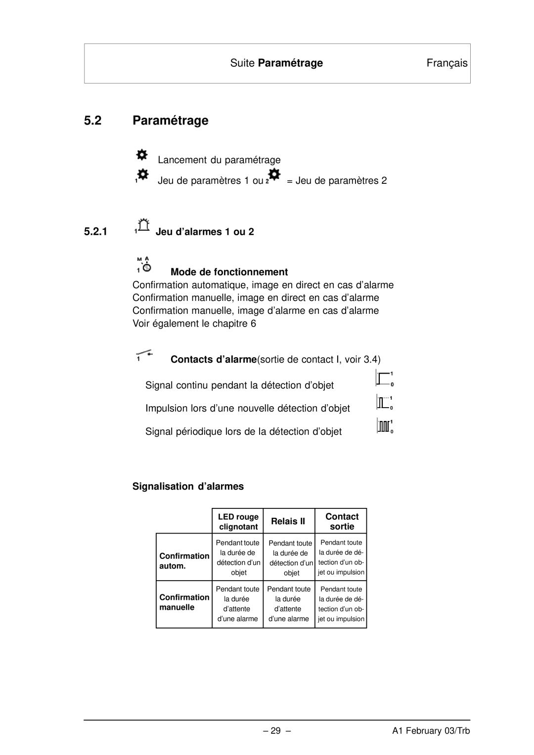 Bosch Appliances VMD01 M50 PAL Suite Paramétrage, Jeu d’alarmes 1 ou Mode de fonctionnement, Signalisation d’alarmes 