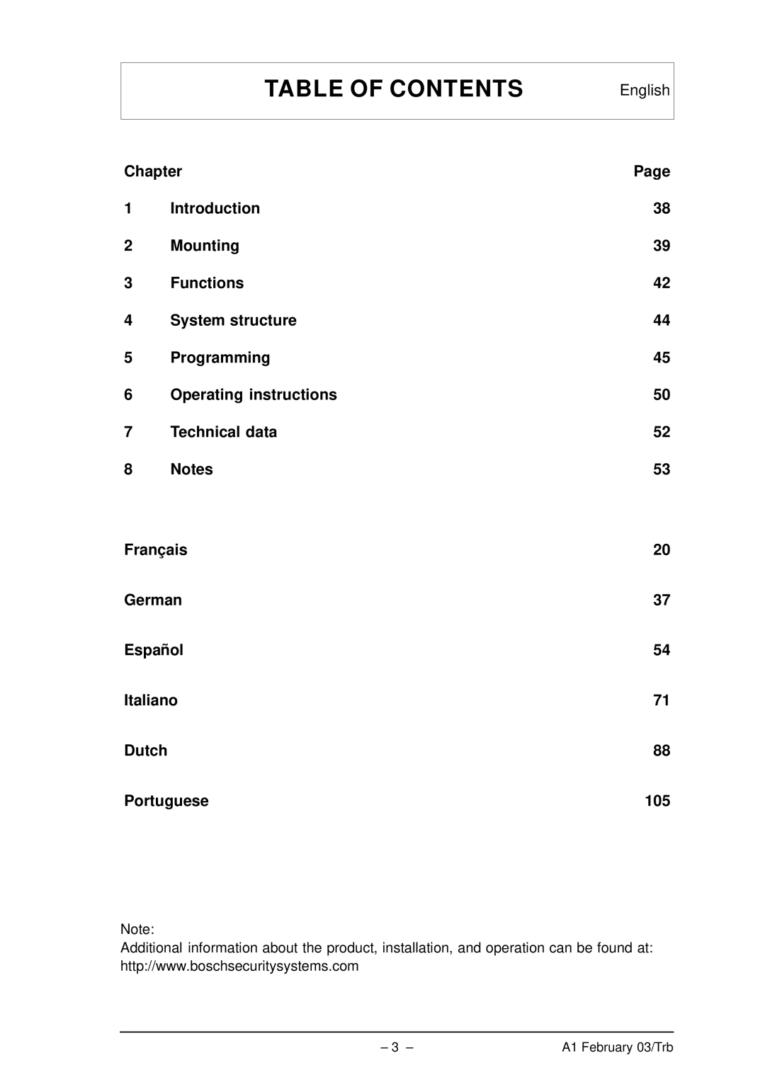 Bosch Appliances VMD01 M50 PAL, VMD01 M60 NTSC manual Table of Contents 