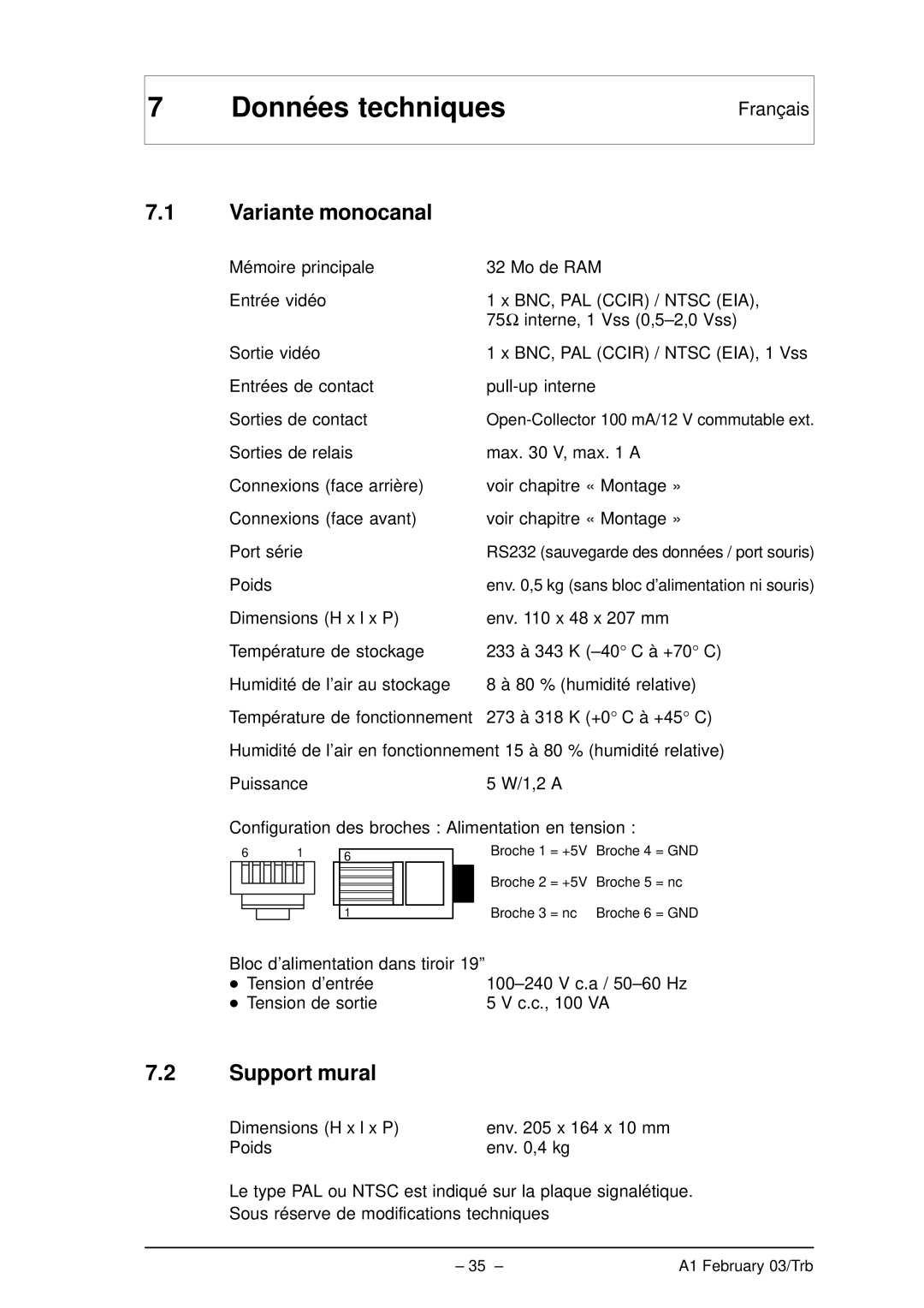 Bosch Appliances VMD01 M50 PAL, VMD01 M60 NTSC manual Données techniques, Variante monocanal, Support mural 