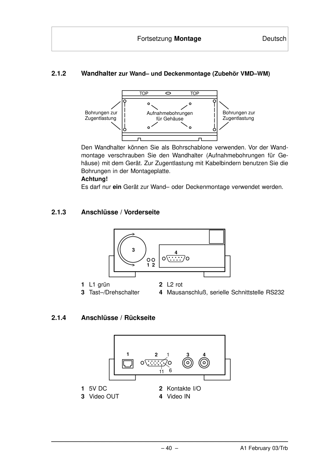 Bosch Appliances VMD01 M60 NTSC, VMD01 M50 PAL Anschlüsse / Vorderseite, Anschlüsse / Rückseite, Kontakte I/O Video OUT 