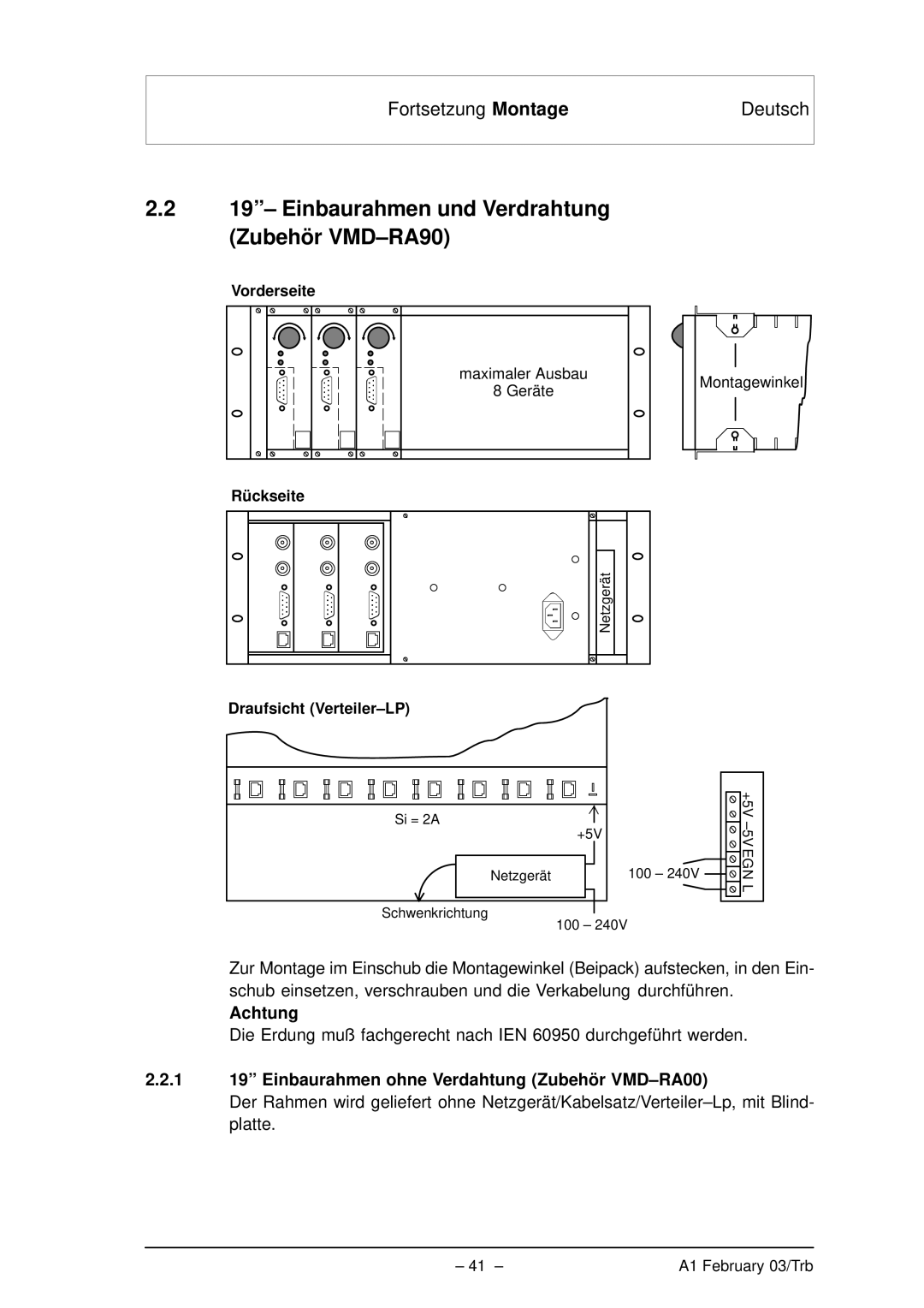 Bosch Appliances VMD01 M50 PAL, VMD01 M60 NTSC manual Einbaurahmen und Verdrahtung Zubehör VMD-RA90 