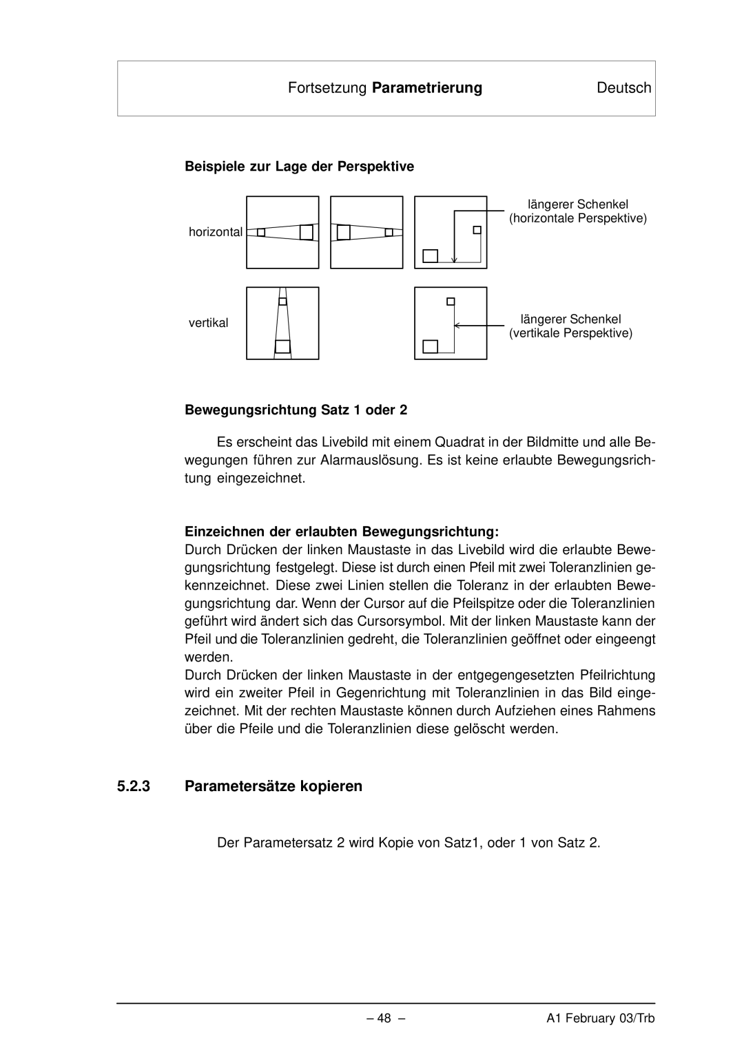 Bosch Appliances VMD01 M60 NTSC Parametersätze kopieren, Beispiele zur Lage der Perspektive, Bewegungsrichtung Satz 1 oder 