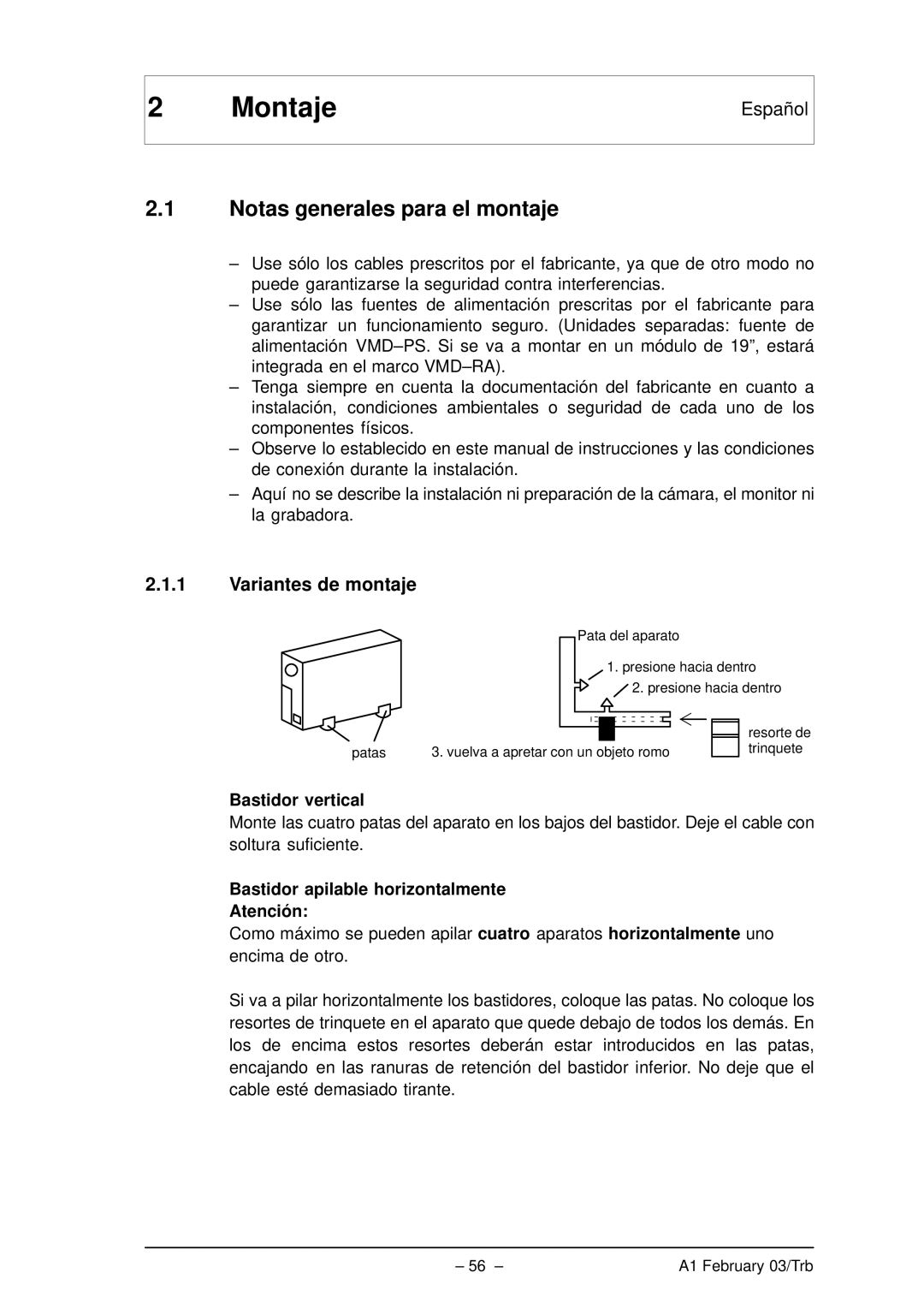 Bosch Appliances VMD01 M60 NTSC manual Montaje, Notas generales para el montaje, Variantes de montaje, Bastidor vertical 