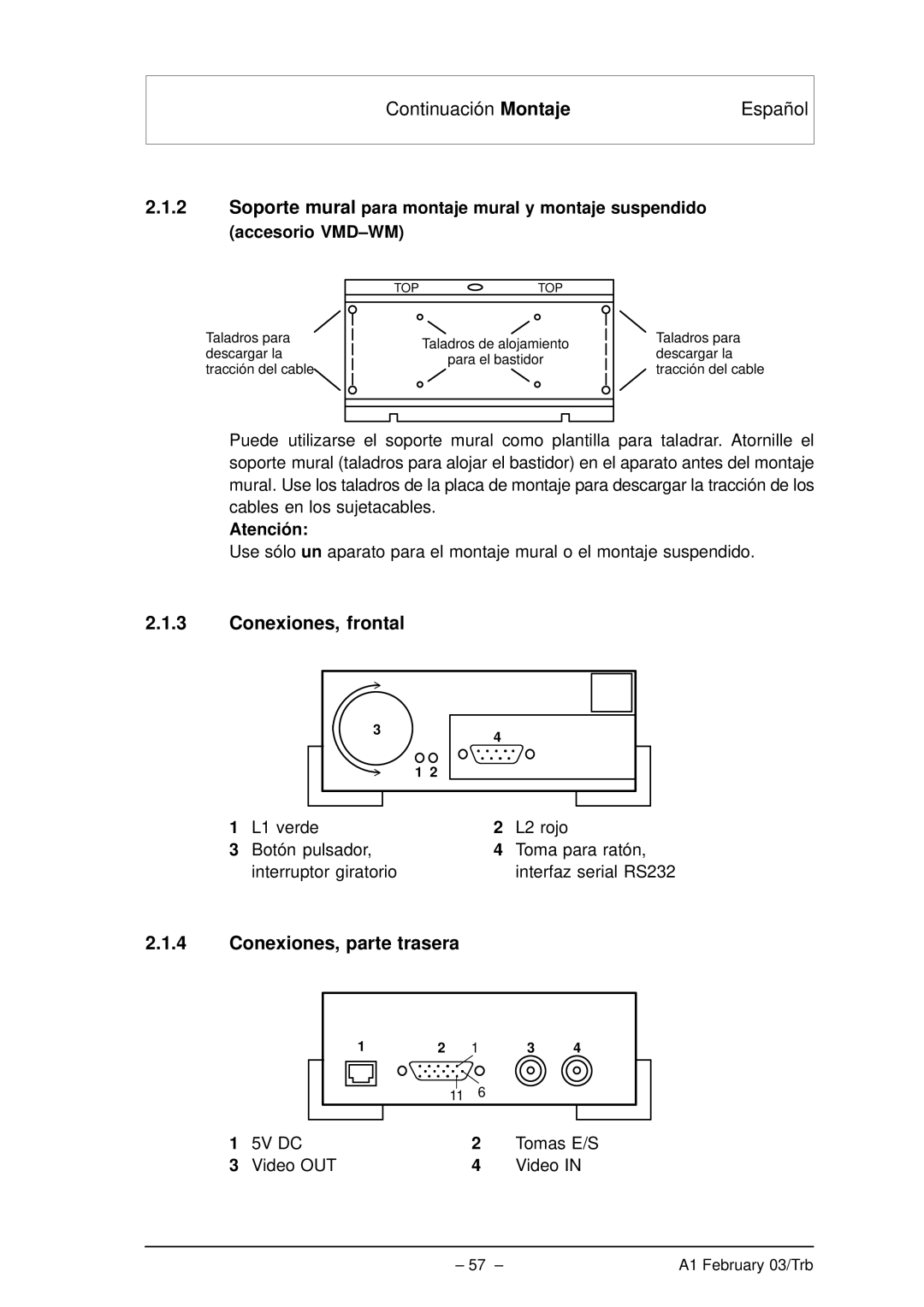 Bosch Appliances VMD01 M50 PAL, VMD01 M60 NTSC manual Conexiones, frontal, Conexiones, parte trasera, Tomas E/S 