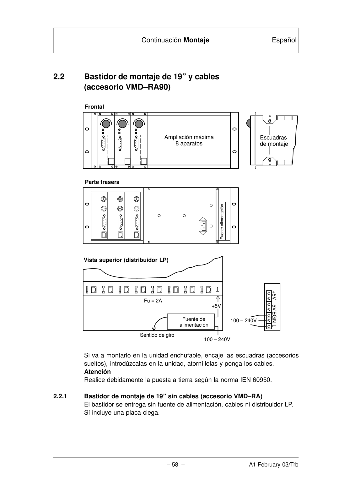 Bosch Appliances VMD01 M60 NTSC, VMD01 M50 PAL manual Bastidor de montaje de 19 y cables accesorio VMD-RA90 