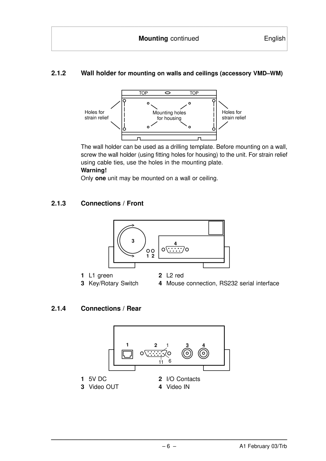 Bosch Appliances VMD01 M60 NTSC, VMD01 M50 PAL manual Connections / Front, Connections / Rear, Contacts Video OUT 