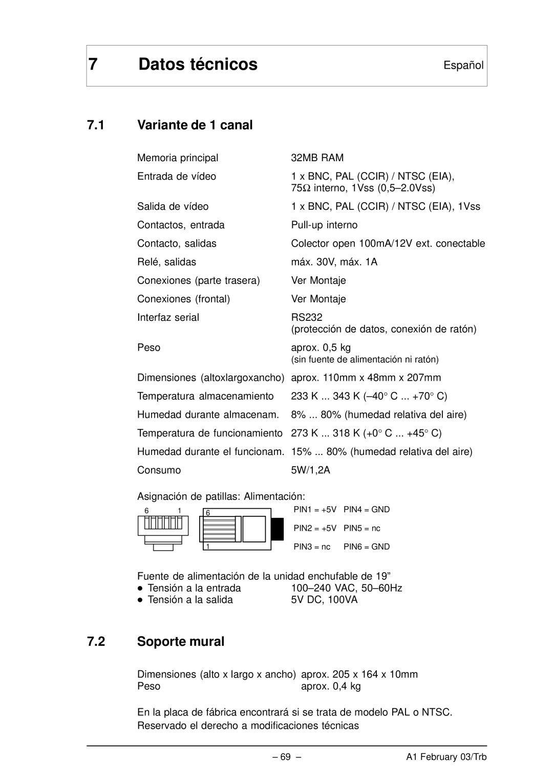 Bosch Appliances VMD01 M50 PAL, VMD01 M60 NTSC manual Datos técnicos, Variante de 1 canal, Soporte mural 