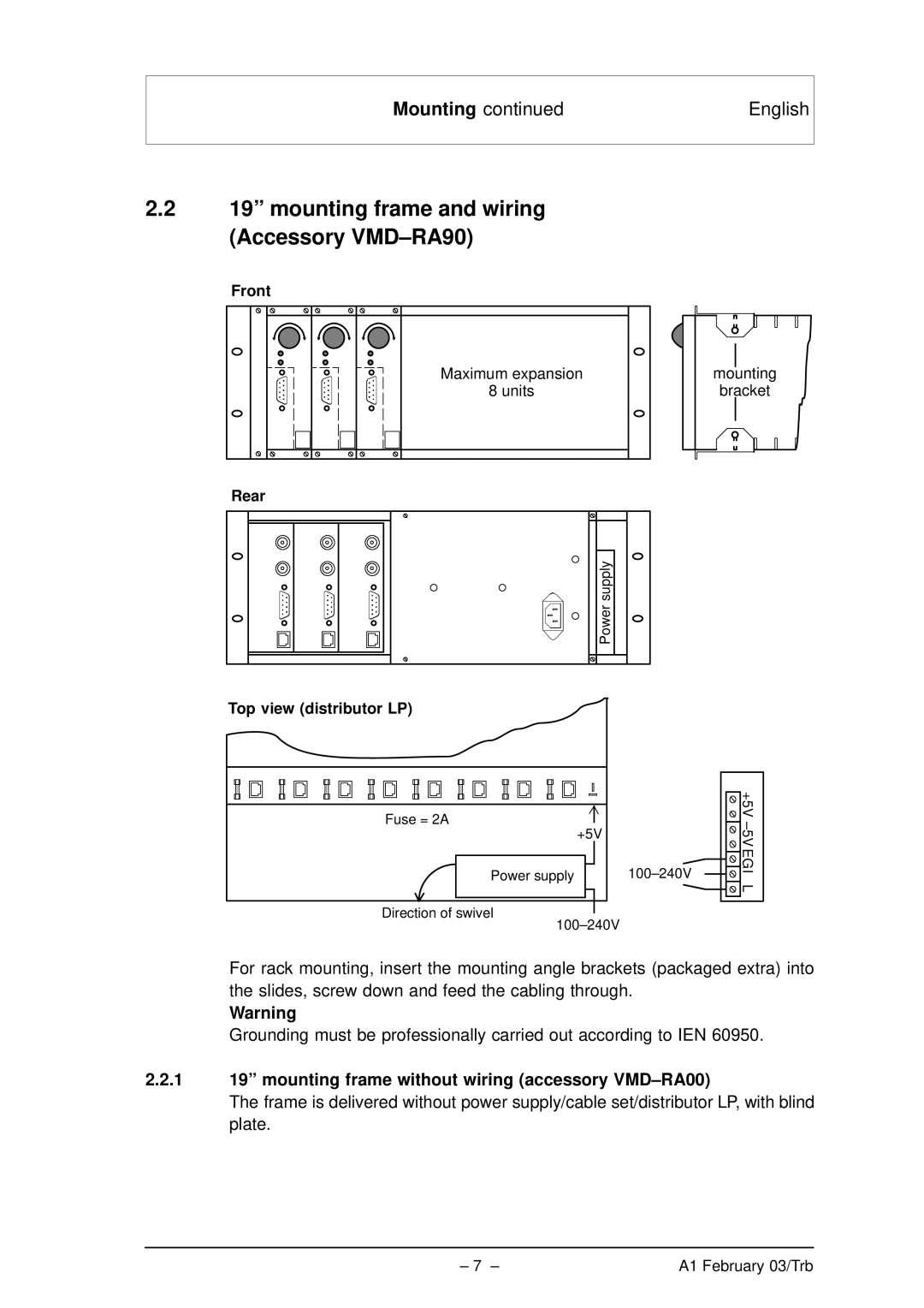 Bosch Appliances VMD01 M50 PAL, VMD01 M60 NTSC manual mounting frame and wiring Accessory VMD-RA90 