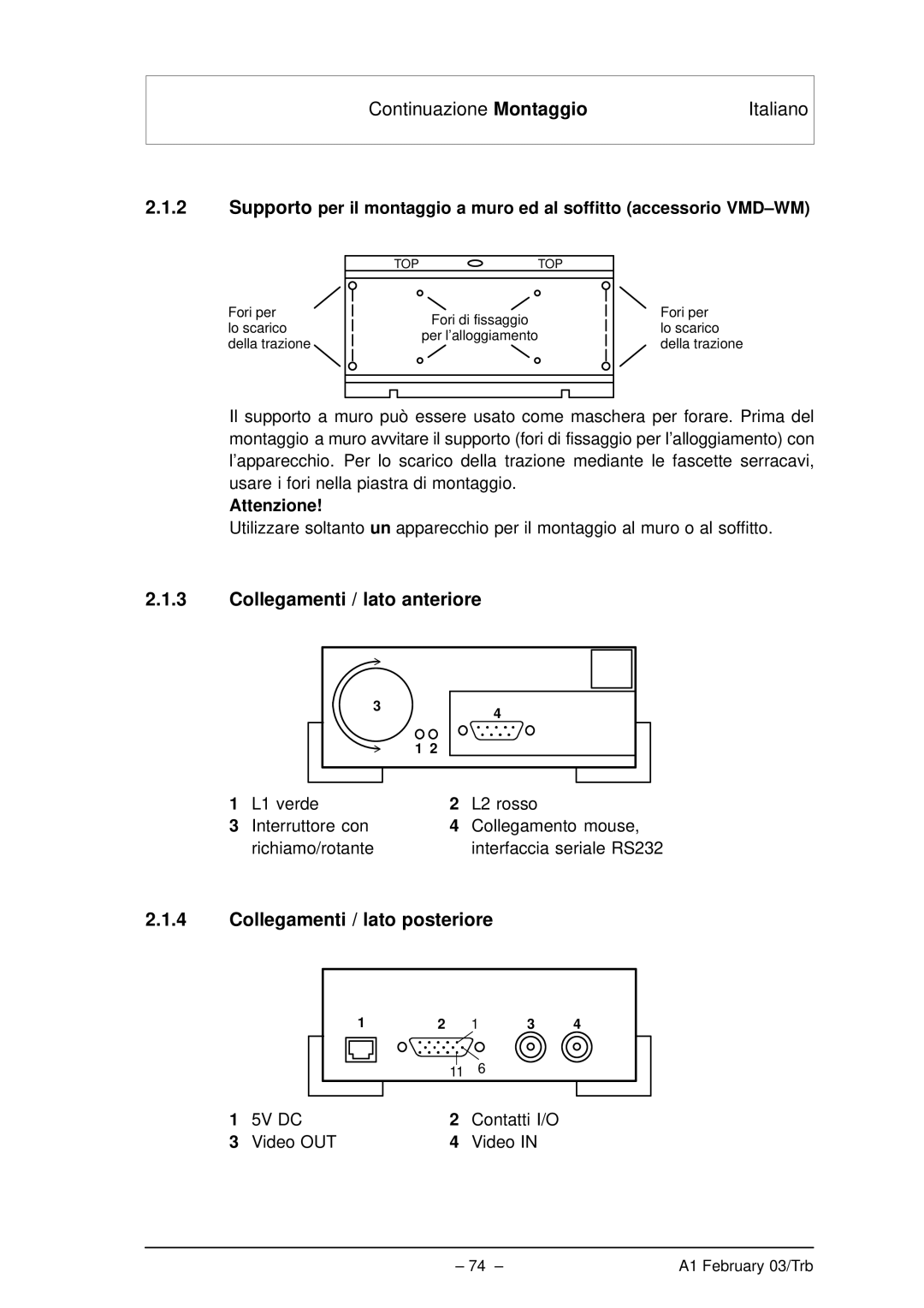 Bosch Appliances VMD01 M60 NTSC Collegamenti / lato anteriore, Collegamenti / lato posteriore, Contatti I/O Video OUT 