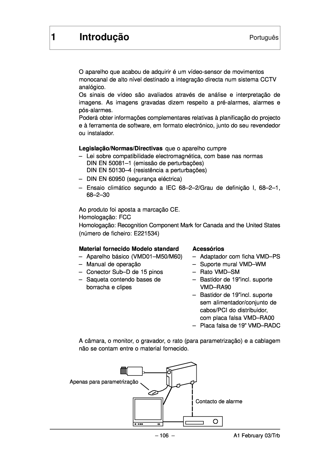 Bosch Appliances VMD01 M60 NTSC, VMD01 M50 PAL manual Introdução, Português, Material fornecido Modelo standard, Acessórios 