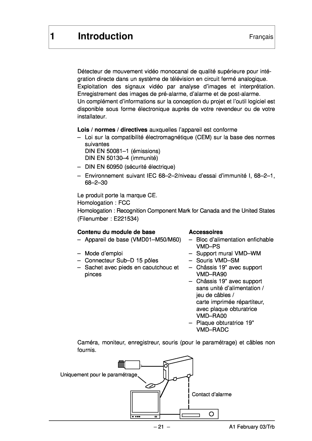 Bosch Appliances VMD01 M50 PAL, VMD01 M60 NTSC manual Introduction, Contenu du module de base, Accessoires 