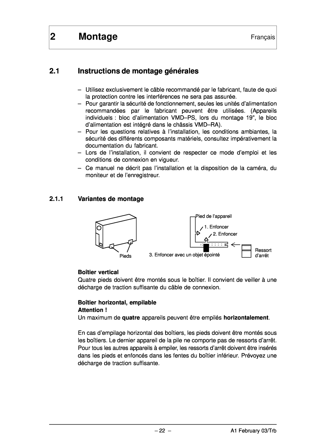 Bosch Appliances VMD01 M60 NTSC, VMD01 M50 PAL manual Montage, 2.1Instructions de montage générales, Boîtier vertical 