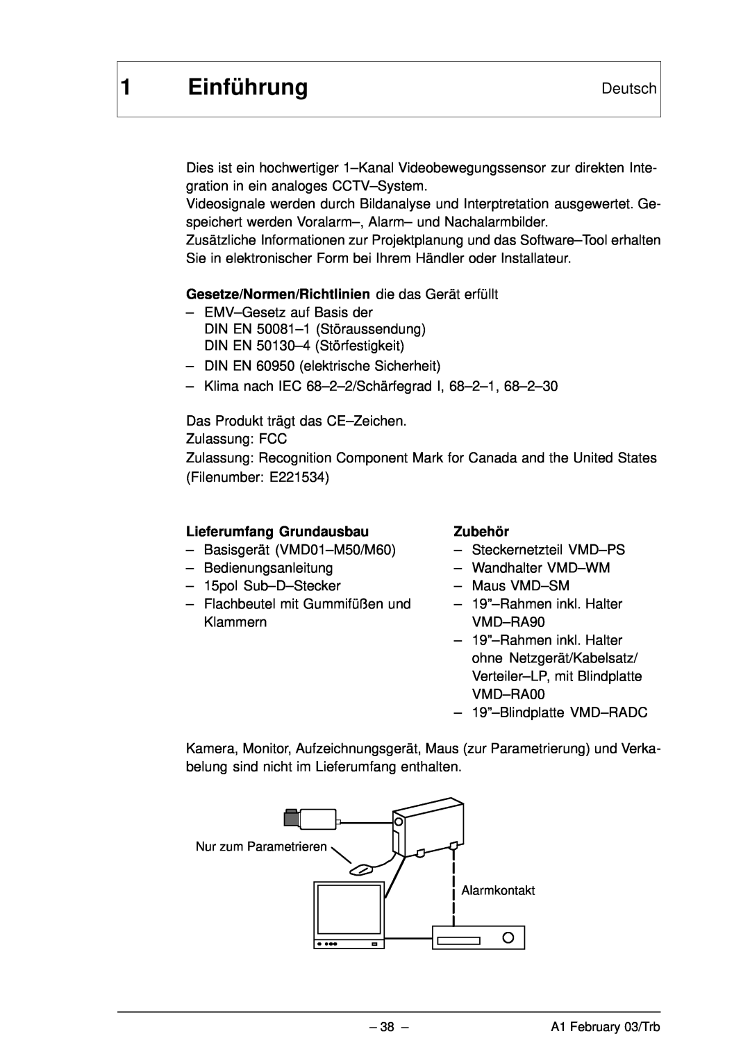 Bosch Appliances VMD01 M60 NTSC manual Einführung, Deutsch, Gesetze/Normen/Richtlinien die das Gerät erfüllt, Zubehör 