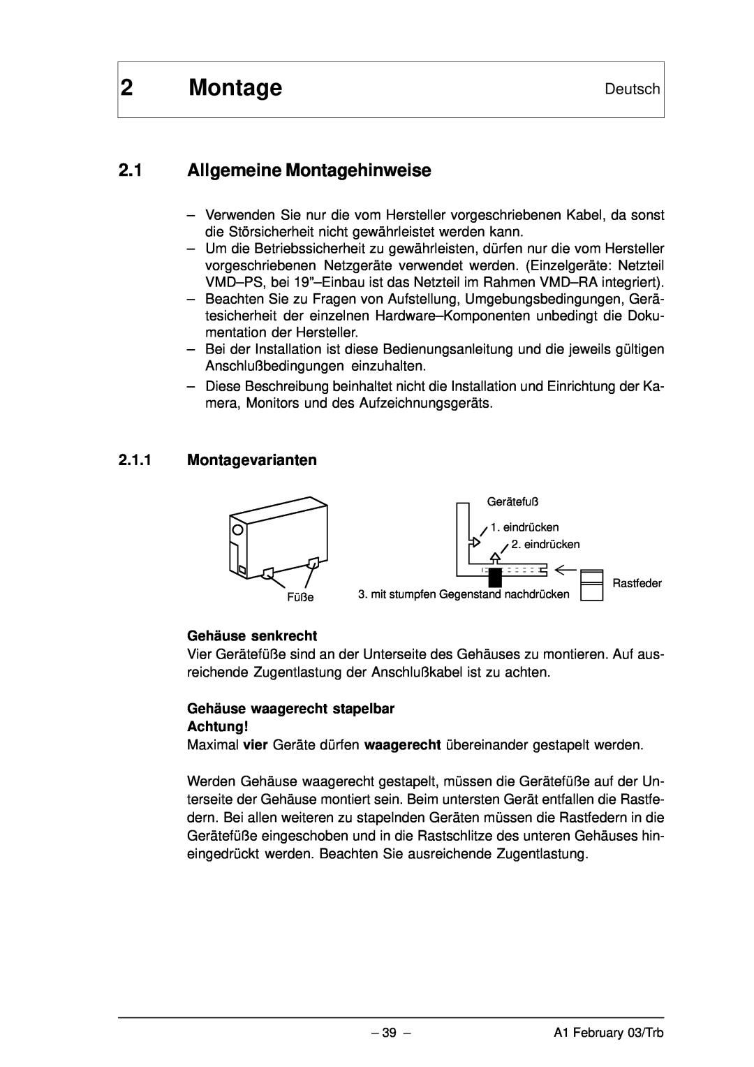Bosch Appliances VMD01 M50 PAL, VMD01 M60 NTSC manual 2.1Allgemeine Montagehinweise, Deutsch, Gehäuse senkrecht 