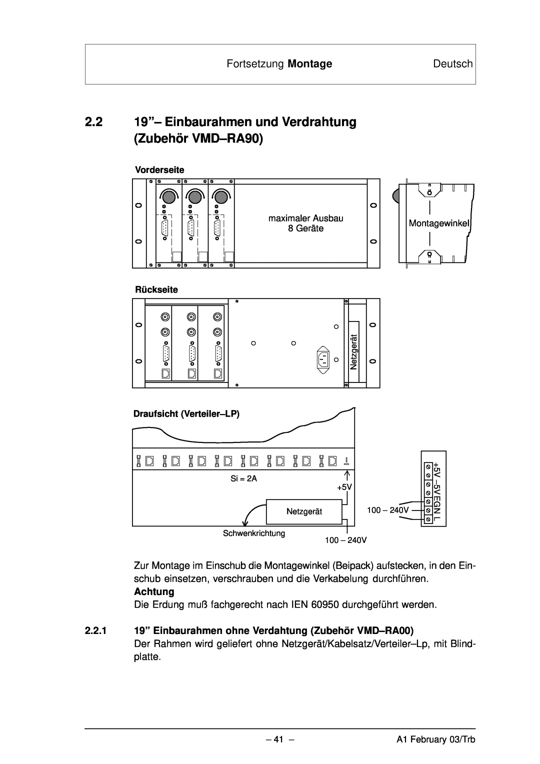 Bosch Appliances VMD01 M50 PAL Fortsetzung Montage, Deutsch, Achtung, Vorderseite, Rückseite, Draufsicht Verteiler–LP 
