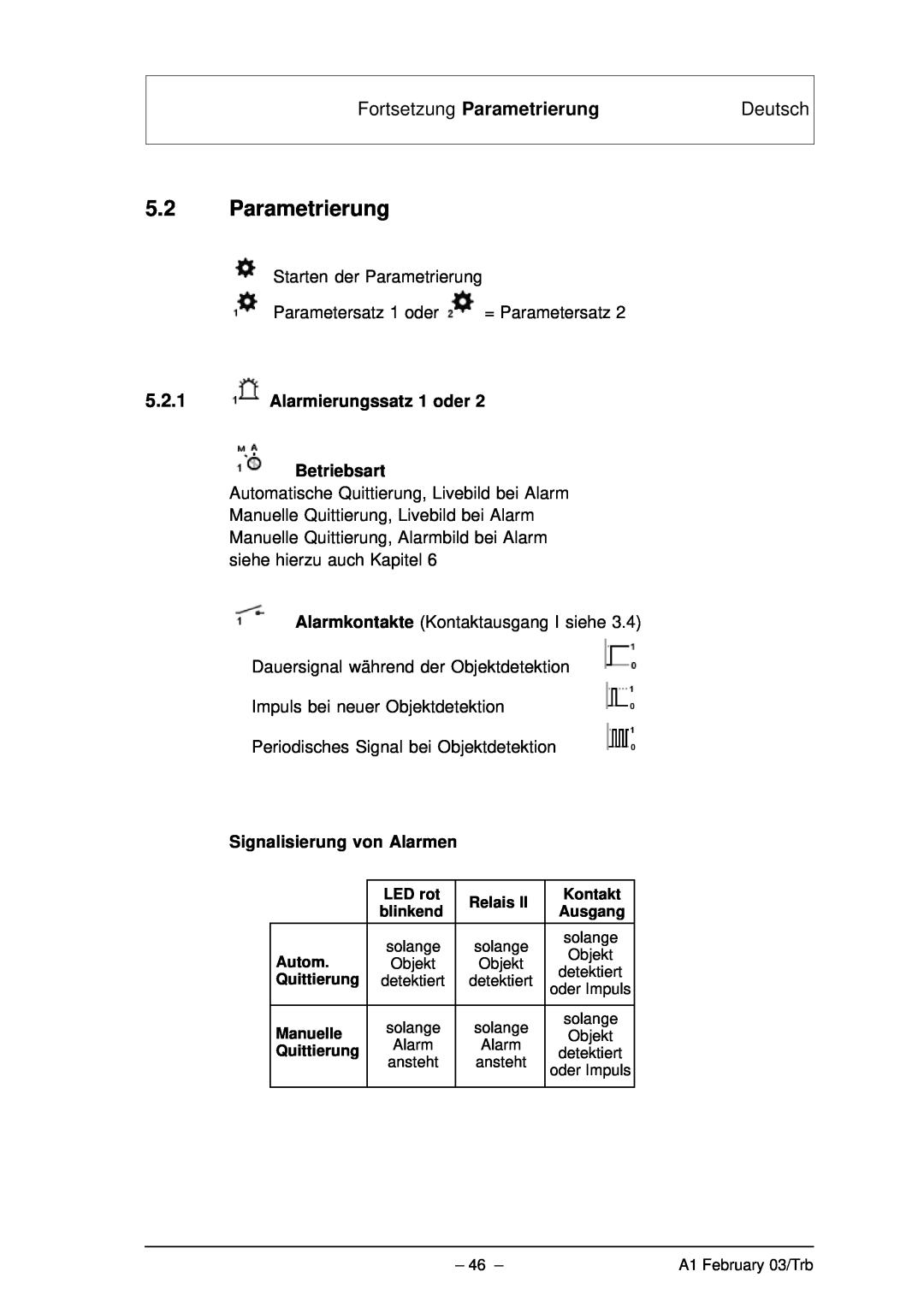 Bosch Appliances VMD01 M60 NTSC manual 5.2Parametrierung, Fortsetzung Parametrierung, Deutsch, Signalisierung von Alarmen 