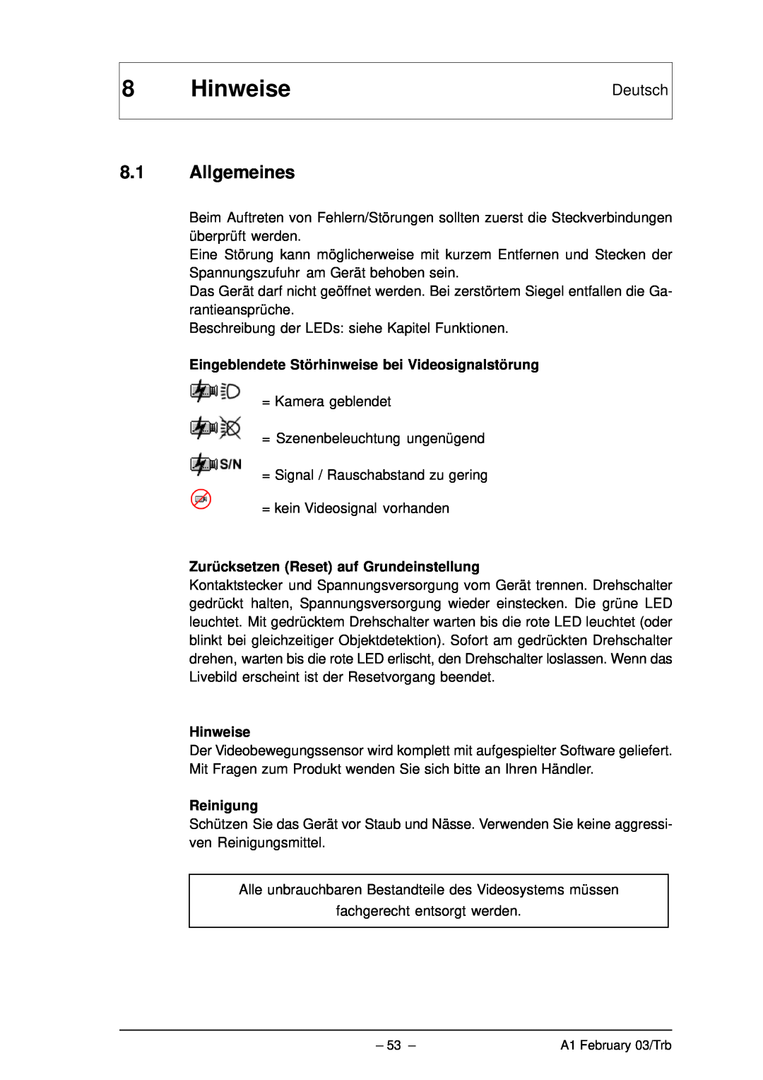 Bosch Appliances VMD01 M50 PAL manual Hinweise, 8.1Allgemeines, Deutsch, Eingeblendete Störhinweise bei Videosignalstörung 