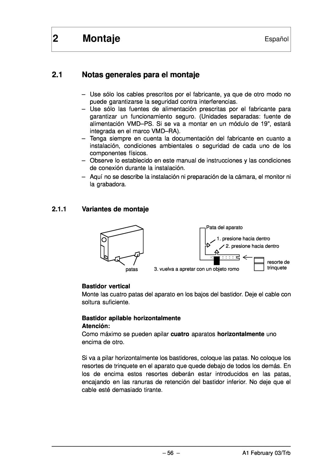Bosch Appliances VMD01 M60 NTSC, VMD01 M50 PAL manual Montaje, 2.1Notas generales para el montaje, Bastidor vertical 