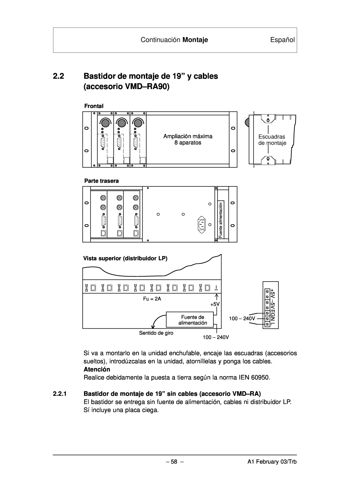 Bosch Appliances VMD01 M60 NTSC, VMD01 M50 PAL manual Continuación Montaje, Español, Atención, Frontal, Parte trasera 