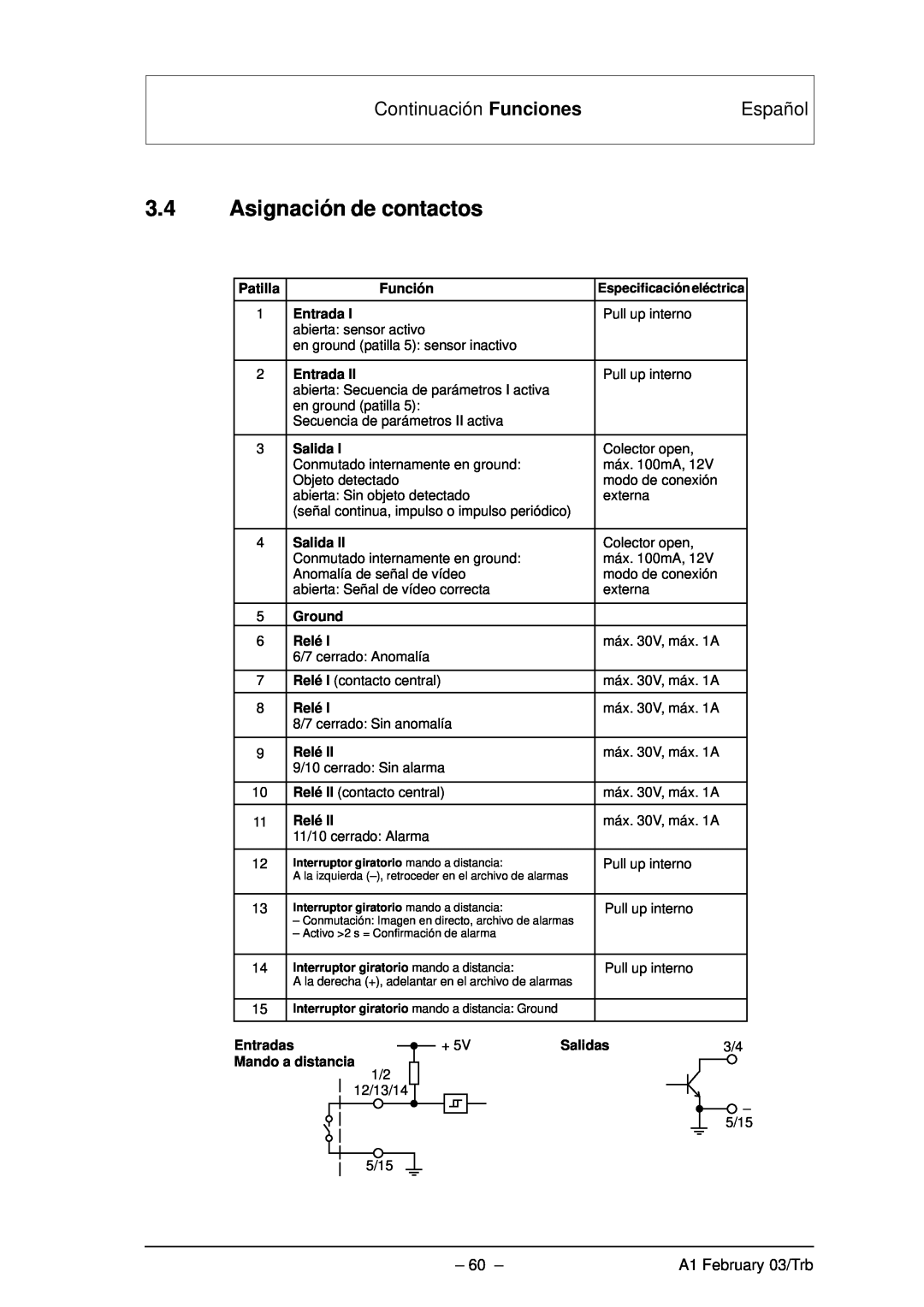 Bosch Appliances VMD01 M60 NTSC manual 3.4Asignación de contactos, Continuación Funciones, Español, A1 February 03/Trb 